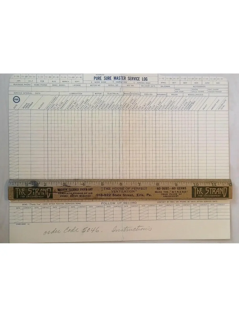 Vintage PURE Oil MASTER SERVICE LOG Automotive Ephemera 1940s 1950s Blank